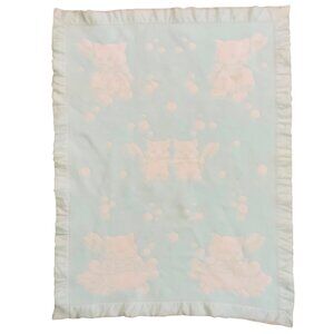 Vintage Baby Blanket With Satin Trim Kittens Bathing Design 34x44 Blue White